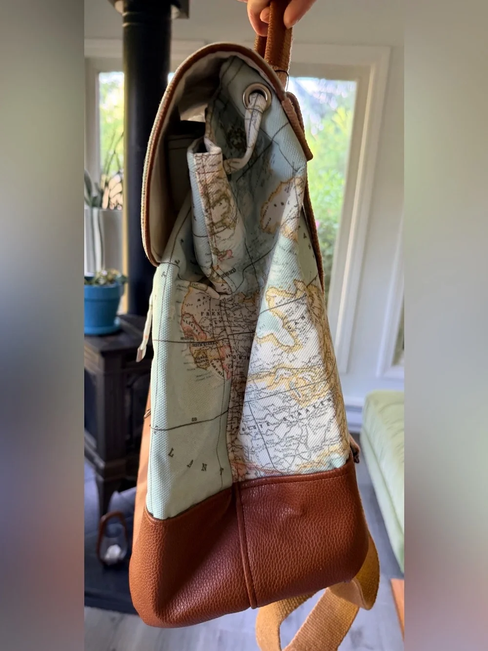 World Map Backpack w Brown Faux Leather Accents and Silver Tone Hardware NEW